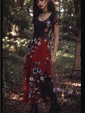 Y2K Black & Red Floral Layered Chiffon Ashley Stewart Dress Whimsigoth Fairycore